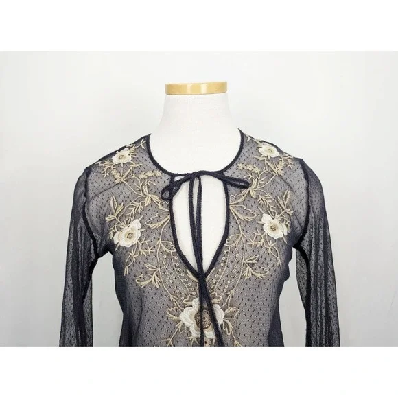 Biya Johnny Was Top Blue Floral Embroidered Boho Blouse Misses Size S Flaws - Picture 2 of 9